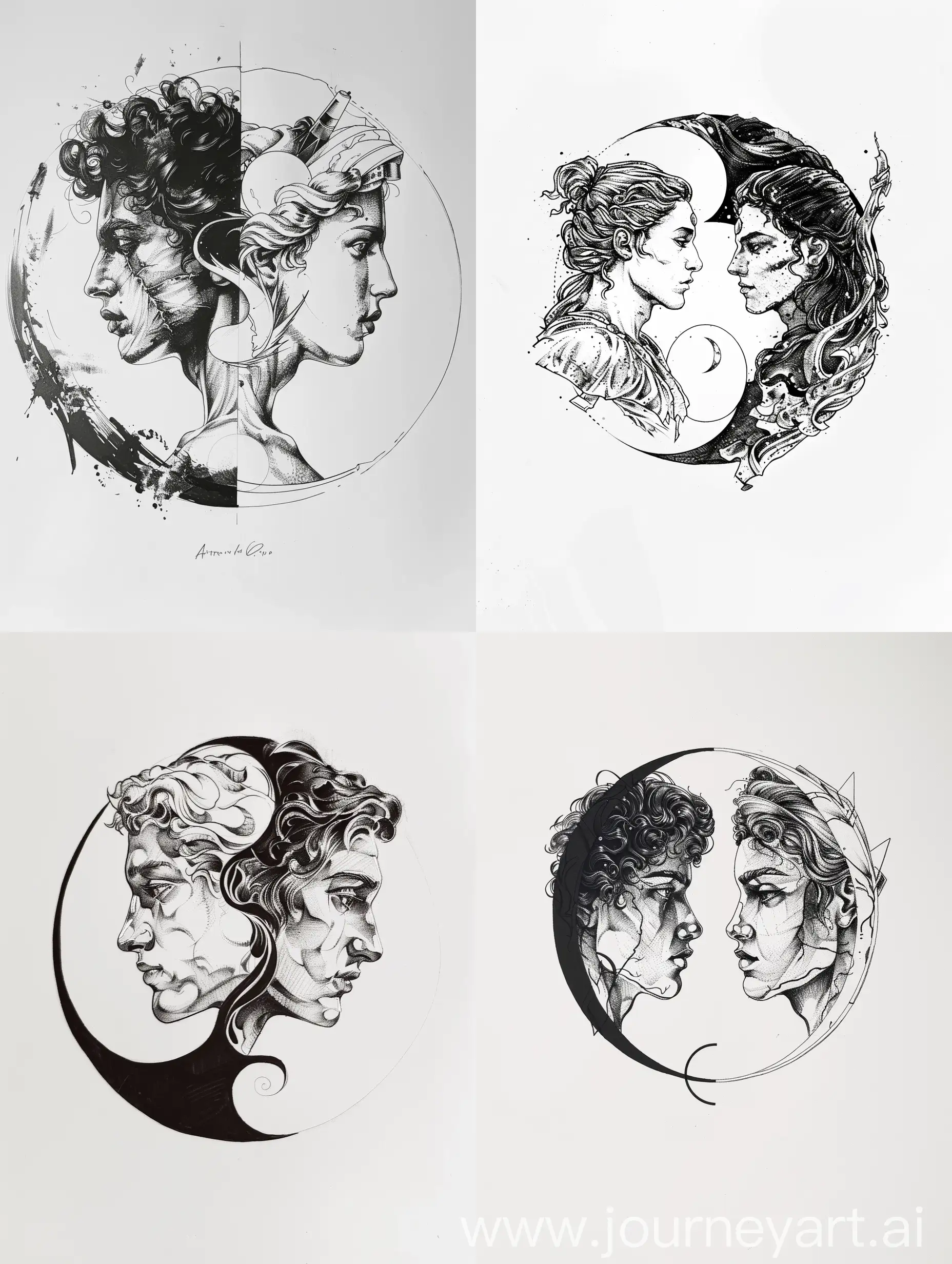 minimalist greek mythology, Apollo and Artemis tattoo design sketch, white background, symmetry, yin and yang design
