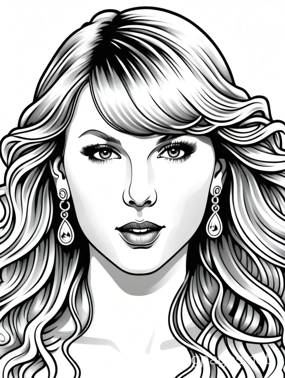 Taylor-Swift-Coloring-Page-Long-Wavy-Blonde-Hair-with-Blunt-Cut-Bangs-Elegant-Jewelry-and-Nose-Ring