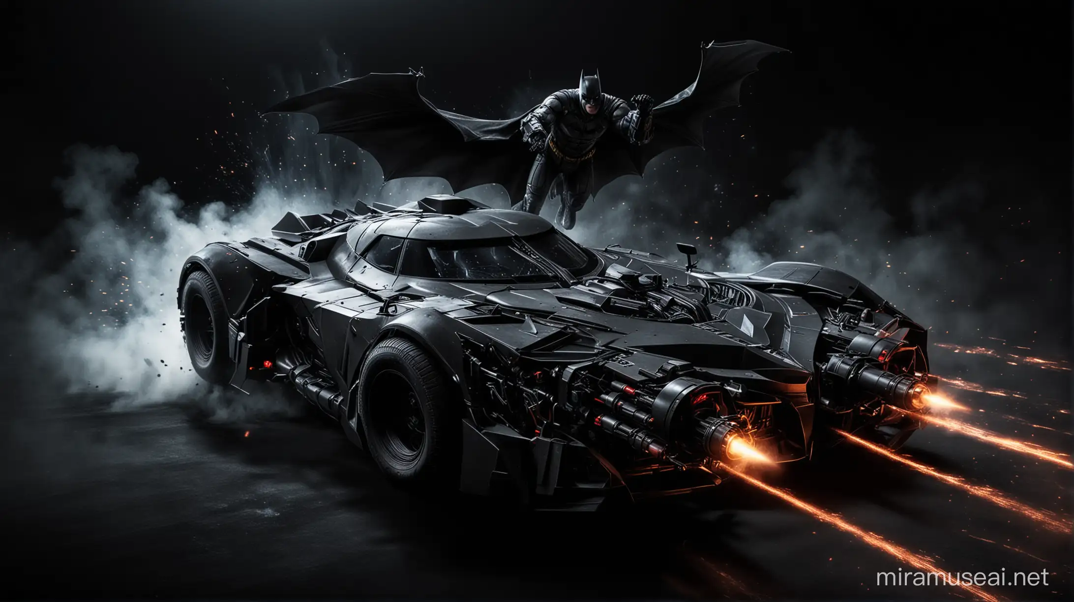 batman in black background with a batmobile shooting at someone with lazer gun. 