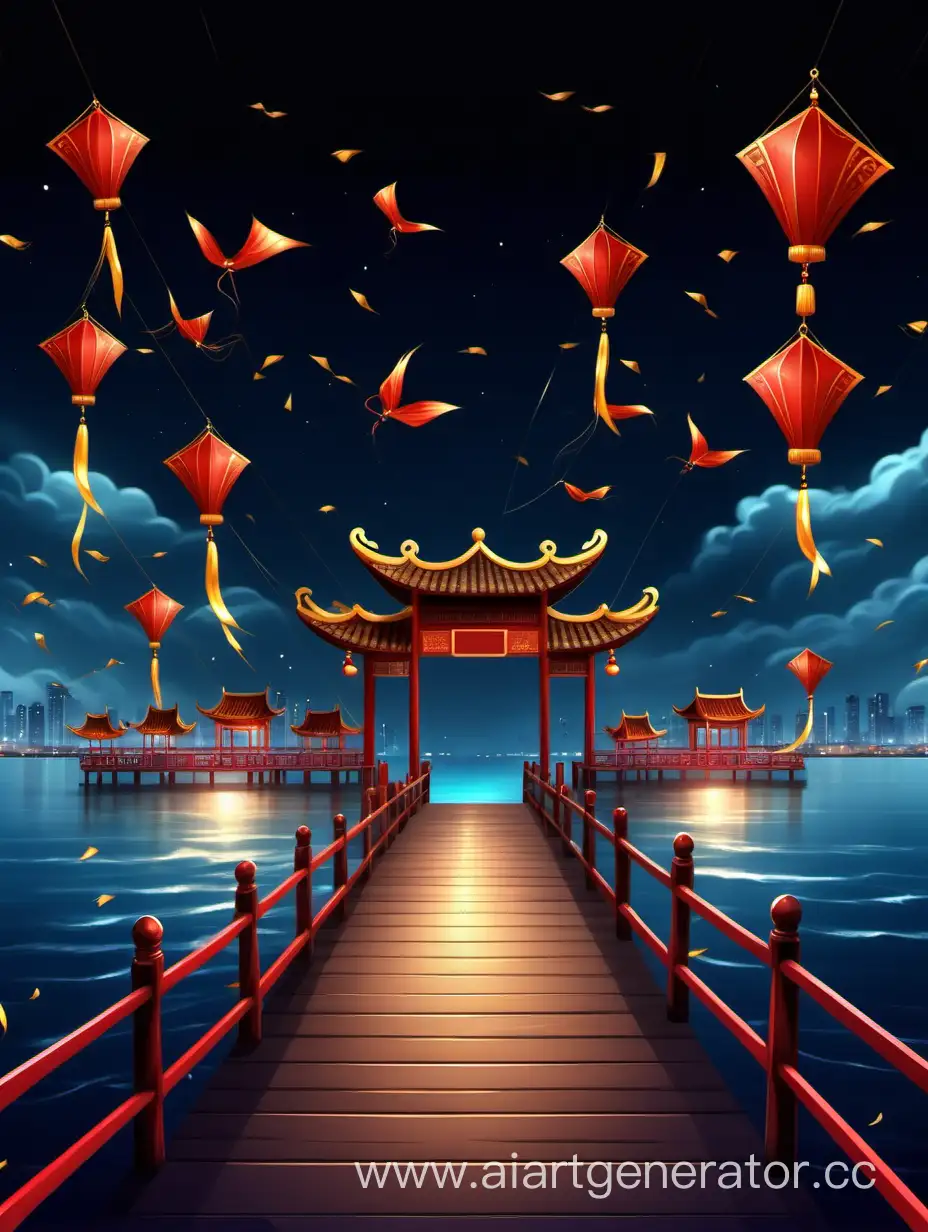 фон реалистичный, пристань, в китайском стиле, праздник, воздушные змеи, ночь