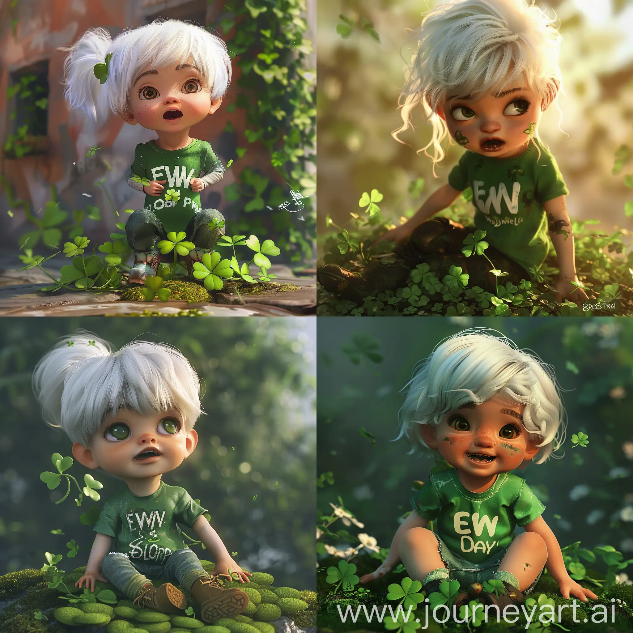 a cute little girl with white hair and a green shirt with the insription "EWW"  sits on a clover and celebrate St. Patricks Day, clover particles, deviantart artstation cgscosiety, artgerm julie bell beeple, wojtek fus, beeple and jeremiah ketner, cgsociety contest winner, ross tran and wlop, ross tran 8 k, ultra realistic concept art, fantasy art behance, moebius + loish + wlop