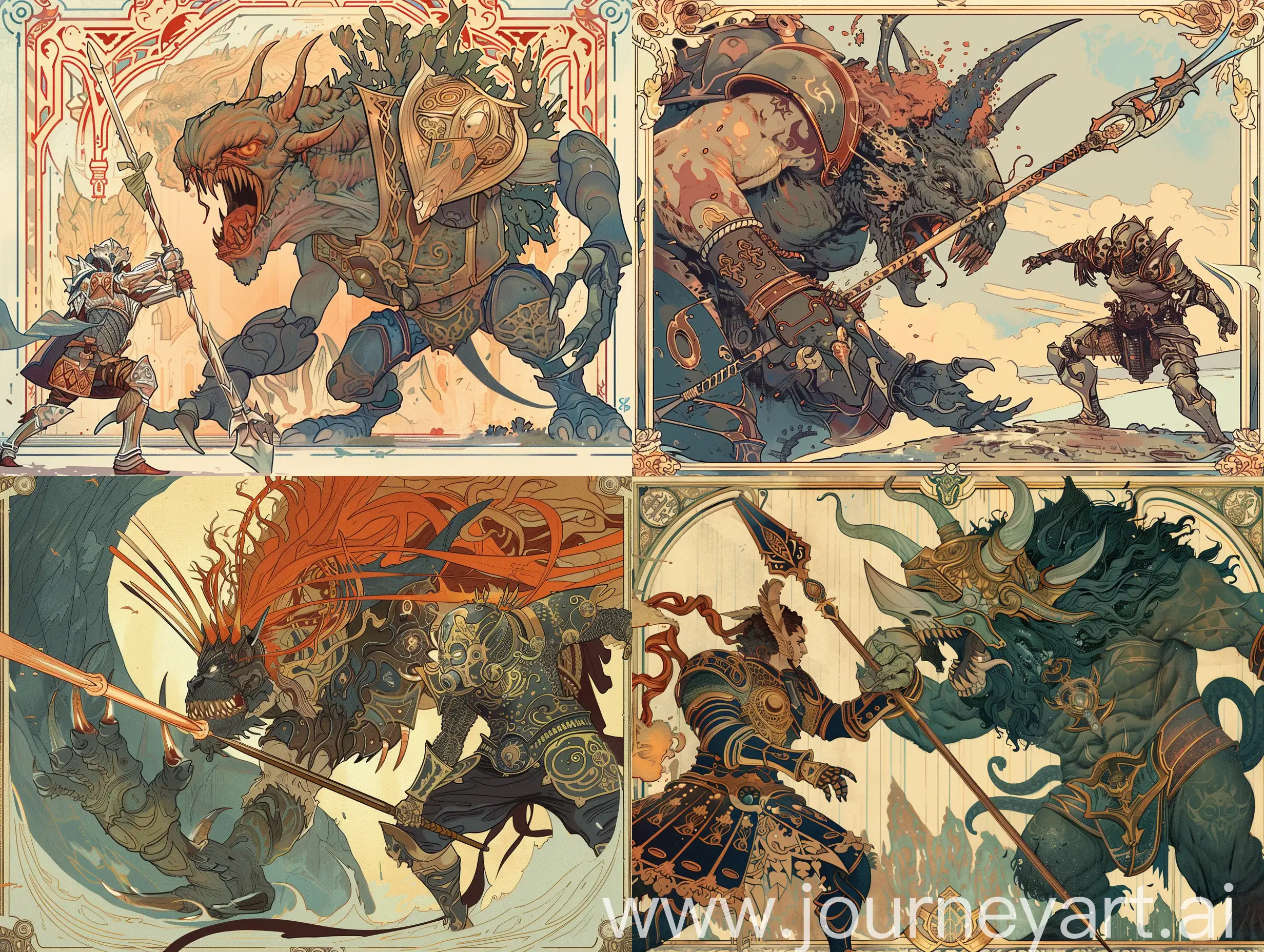 art nouveau style an image of a action battle scene of a warrior in armor with a spear, against a two-headed huge scary monster. art nouveau style, Alphonse mucha style. high-quality anatomy. high detalisation. the absence of failures. fight 8k.