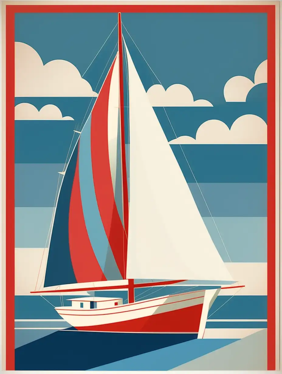 there is a sailing boat on a sea, white sails with colorful horizontal striped, in the style of cubist elements, vintage poster design, flat perspective, bright blue and light red, light blue, grid, ad posters, birds-eye-view, horizontal stripes --ar 89:128