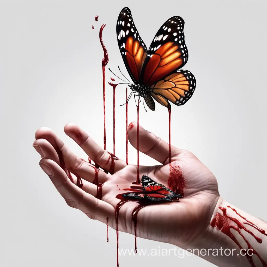 кисть руки всего размера на природе, держит на пальце бабочку, а из руки течет кровь