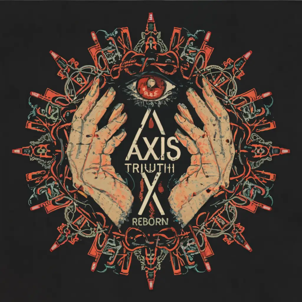 a logo design,with the text "Axis Truth
Reborn
", main symbol:RED Touching hands with blood drops with an eye in the middle with with a tear of blue and a circle around everything casting a shadow around another circle like a cool effect,complex,clear background