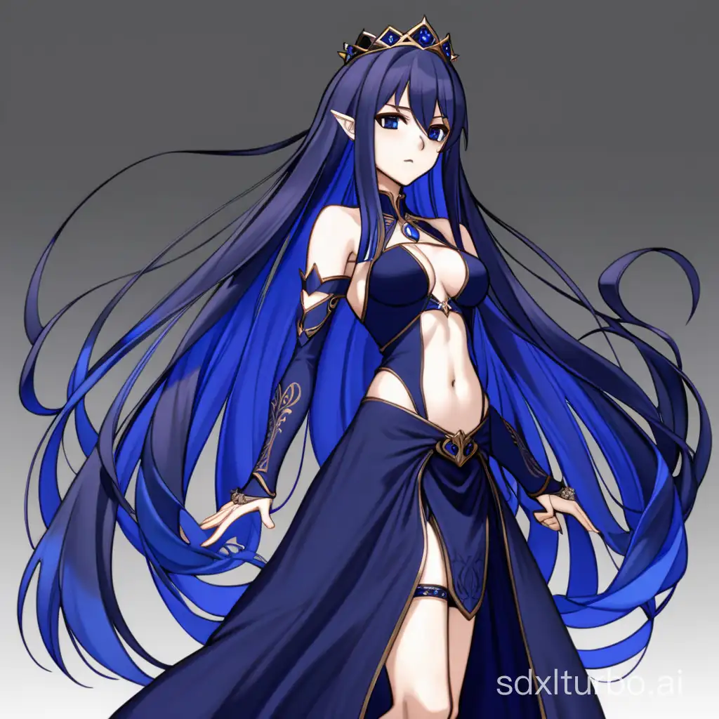 Anime woman, visual novel screencap: Subarashiki Hibi style ((blue creative long hair, brown serious eyes, dark chubby body, medium chest, dark elf dress, Chest cutout, tiara)) Modifications: solo, dynamic pose, shadows, perfect anatomy Screen:simple background, stand in pose, front view)) scale:8