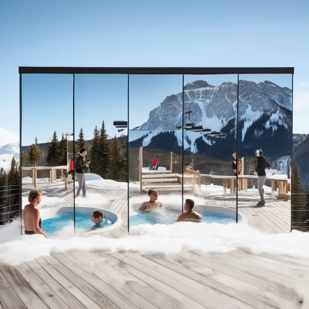 mirror walls with a wooden deck and a people in a hot tub with ski slopes in the background