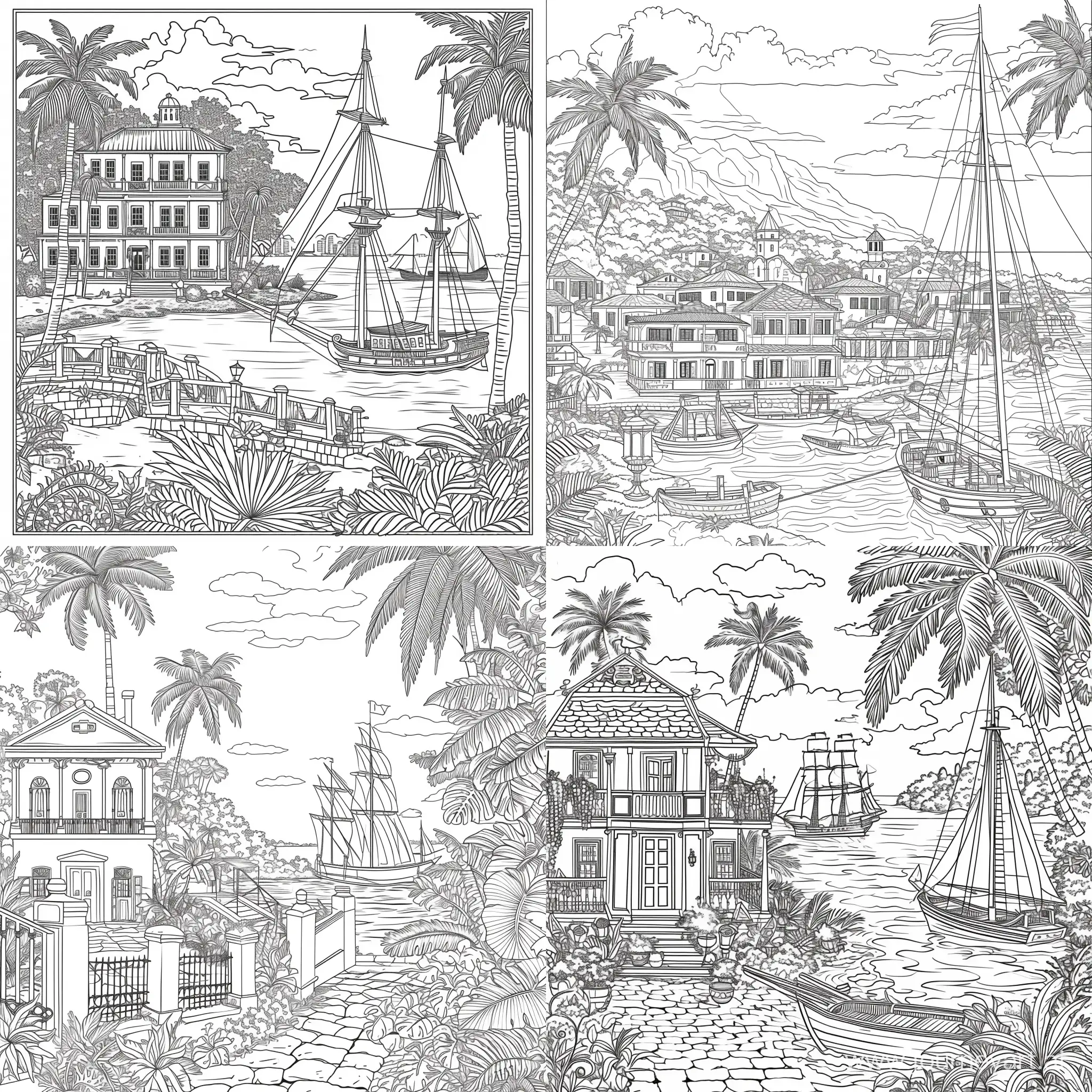 coloring book page, Colonial-Era Caribbean Port Town , Black and white, white background