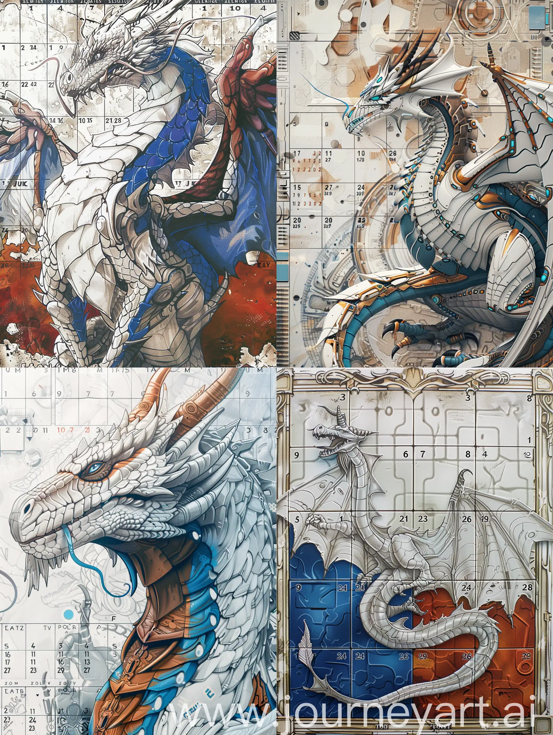 Календарь с драконом в стиле киберпанк цвета цвета- белые, синий, серебром, Бордо частично