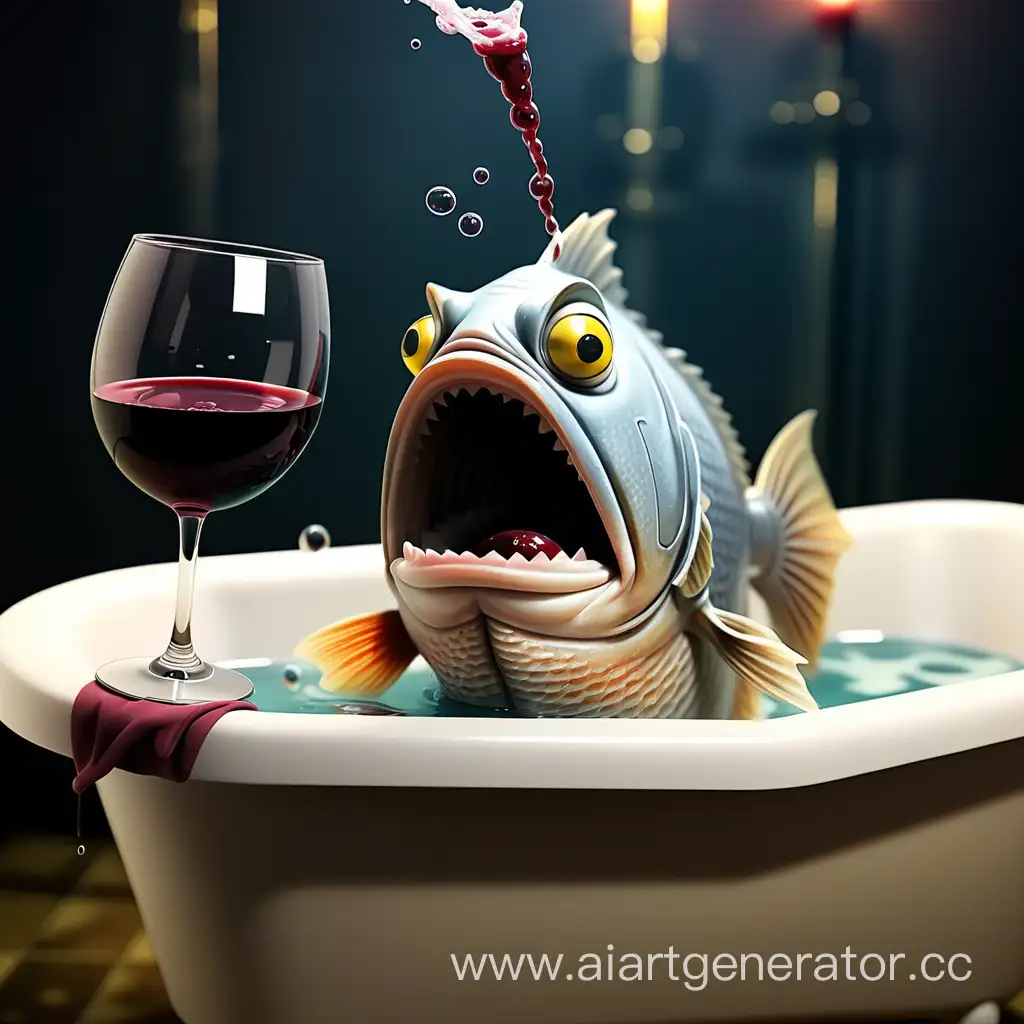 Пьяная рыба принимает ванну держа бокал вина
