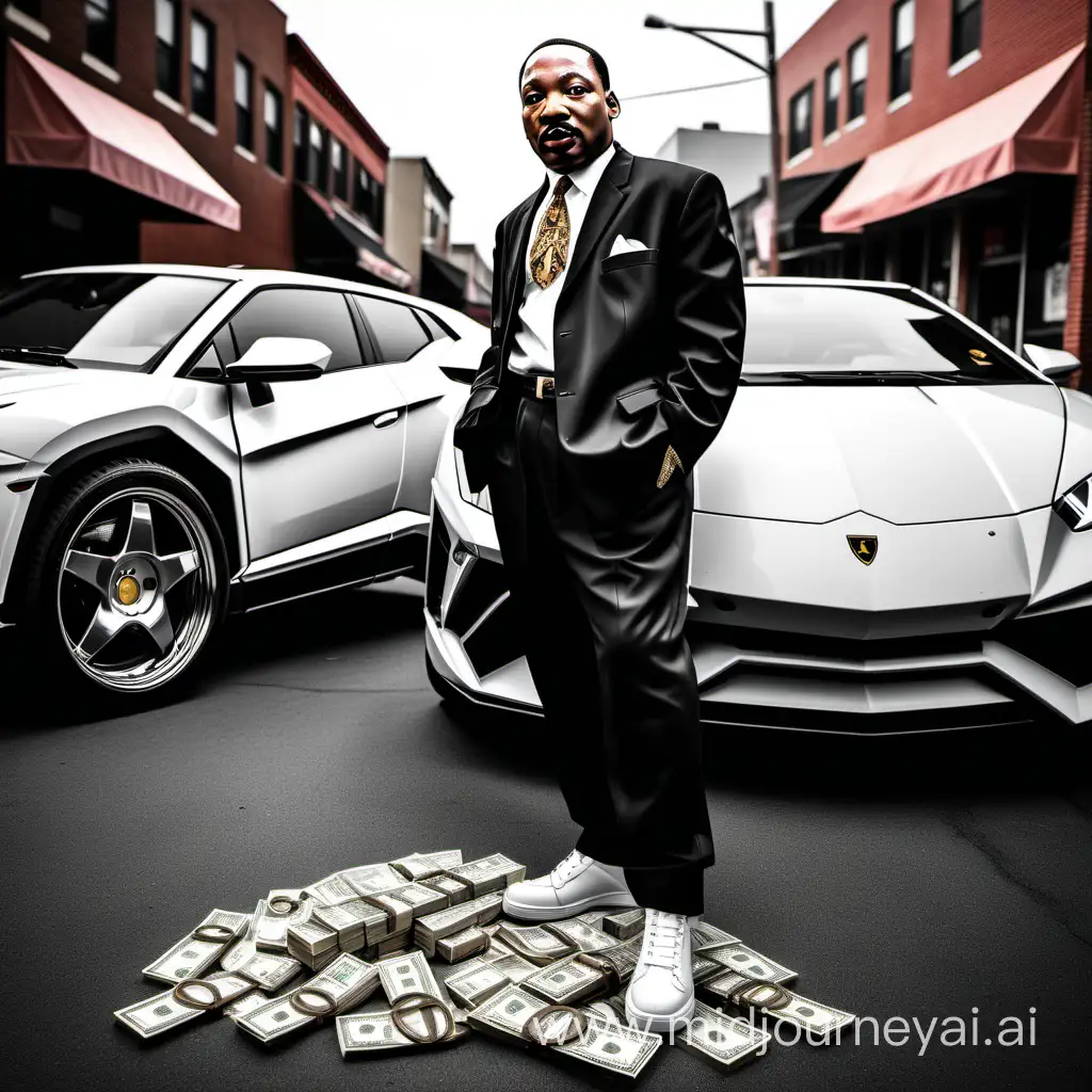 Generate an image of Martin Luther King Jr. with a modern twist, portraying him as a rap artist. Incorporate elements that blend his iconic presence with the style and vibe of a modern rap artist. With the attire, give him 80s style clothing and jewelry. A nice Lamborghini Urus in background along with money and beautiful women lauding over him, and any additional details to capture the essence of a successful rap artist