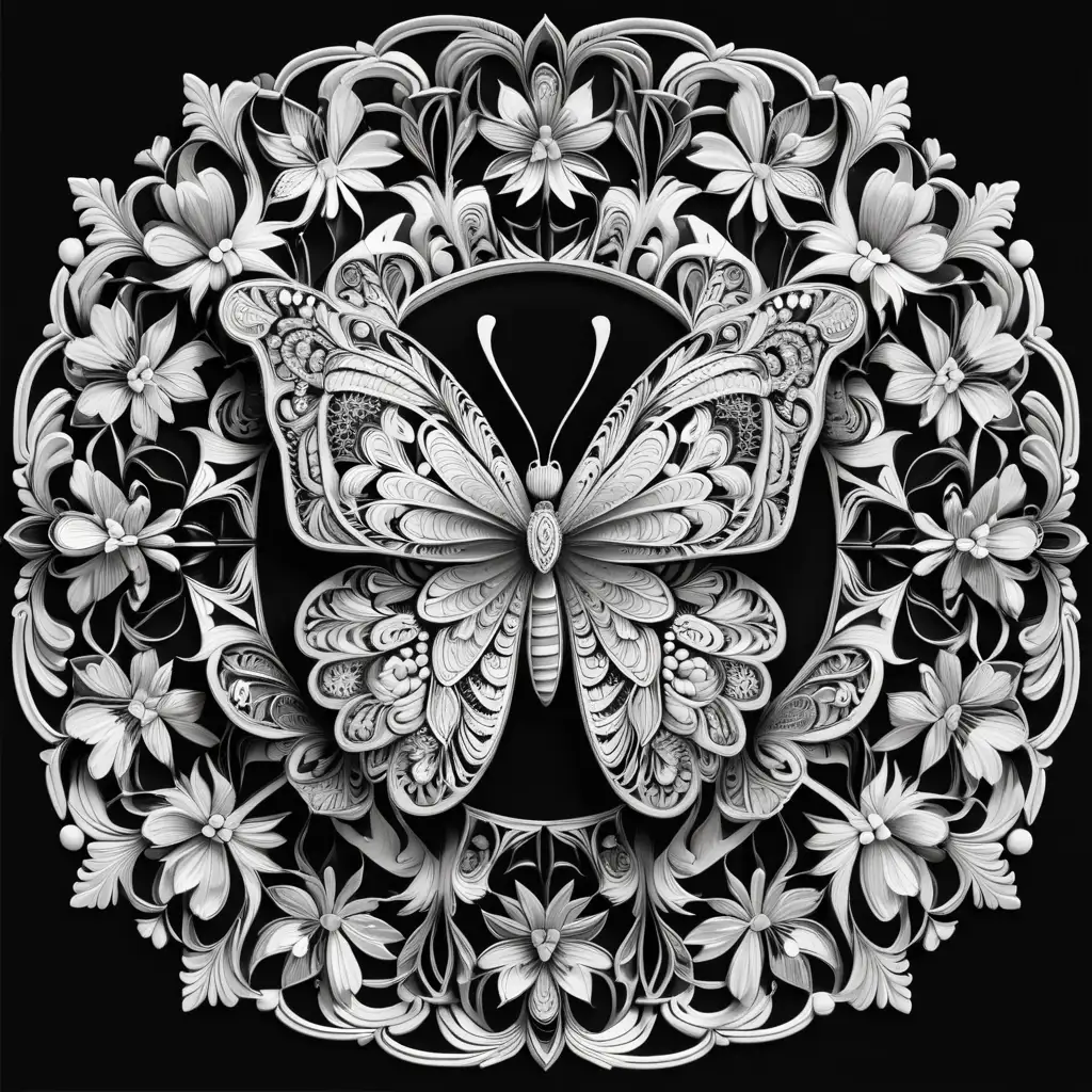 Coloring page with a butterfly in the center of a very detailed and very defined 3d mandala on a black background