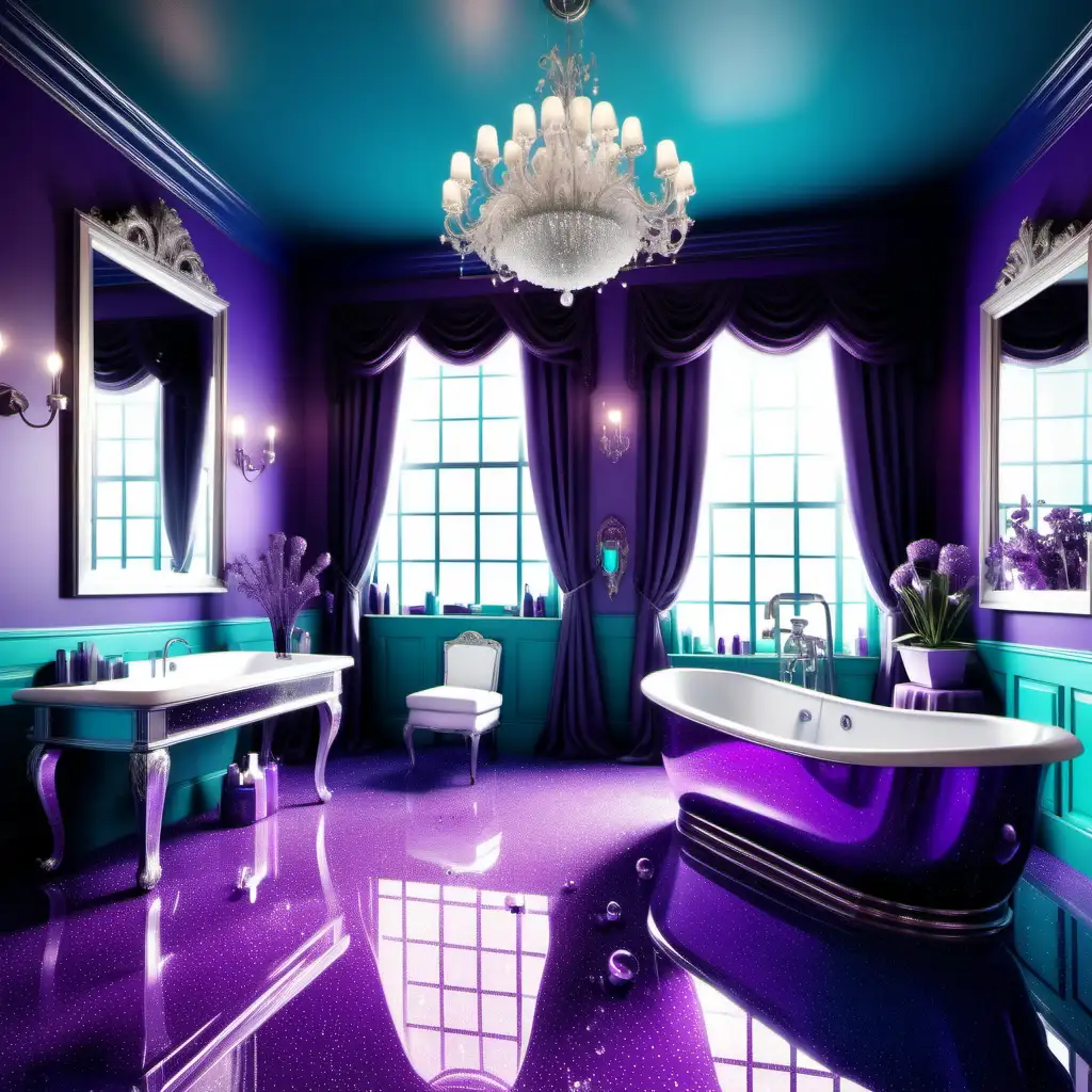 Create a a realistic extravagant purple bathroom with clear floor and purple flowers that can be seen on the floor, a bath tub that is purple and turquoise with bubble filling the tub, huge mirrors hanging on the walls with the word Aquarius