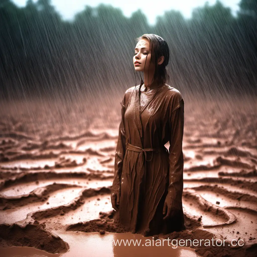 Очень красивая девушка стоит под дождем из глины.