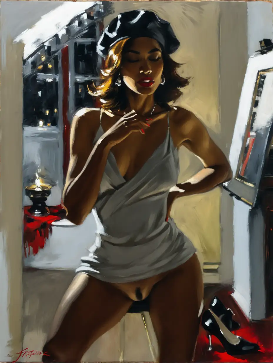  (naked:1.5) mixed woman , cooper hair , high heel , red beret , fireplace  , night scene ,  painting style  expressionism , jagged lines, painting by (Fabian Perez:1.3)