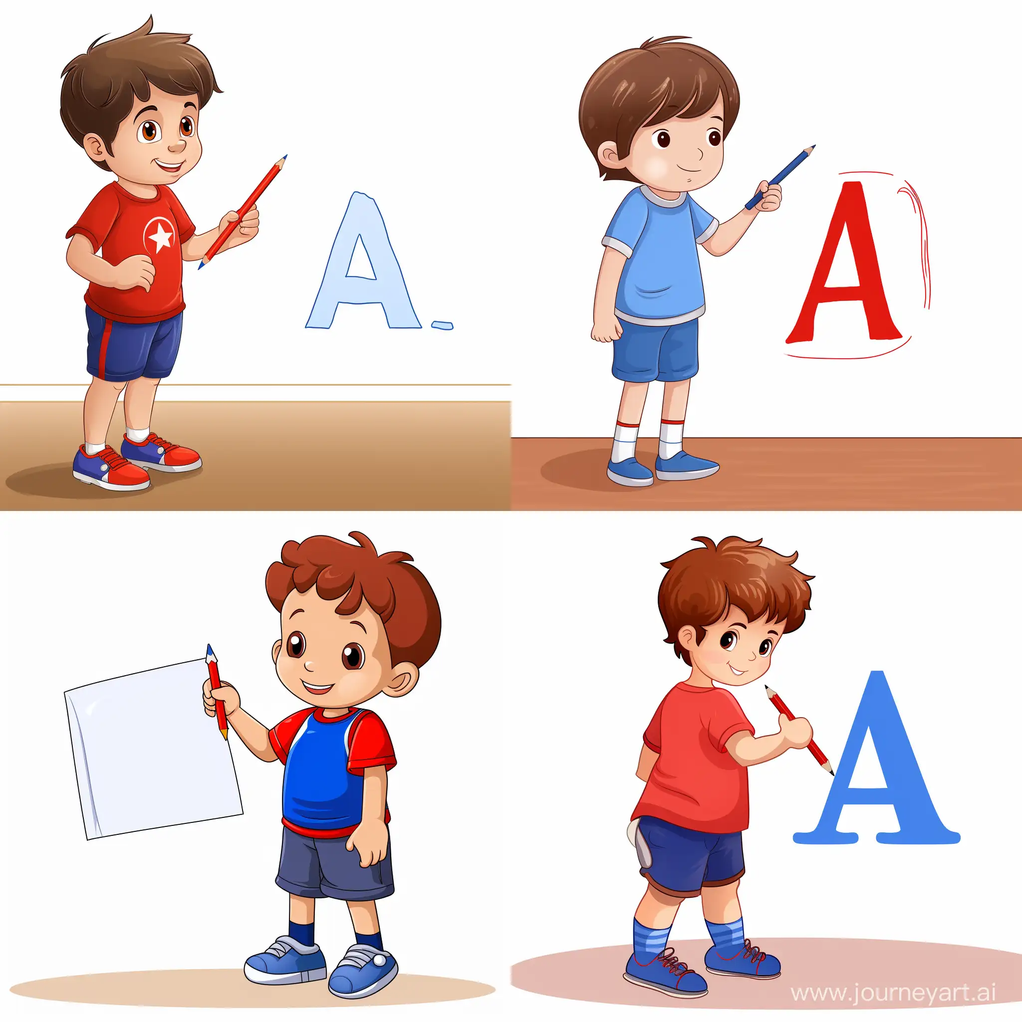 draw a cartoon toddler dressed in blue shorts and a red shirt holding a pencil and is tracing the letter A on a white sheet following dotted line