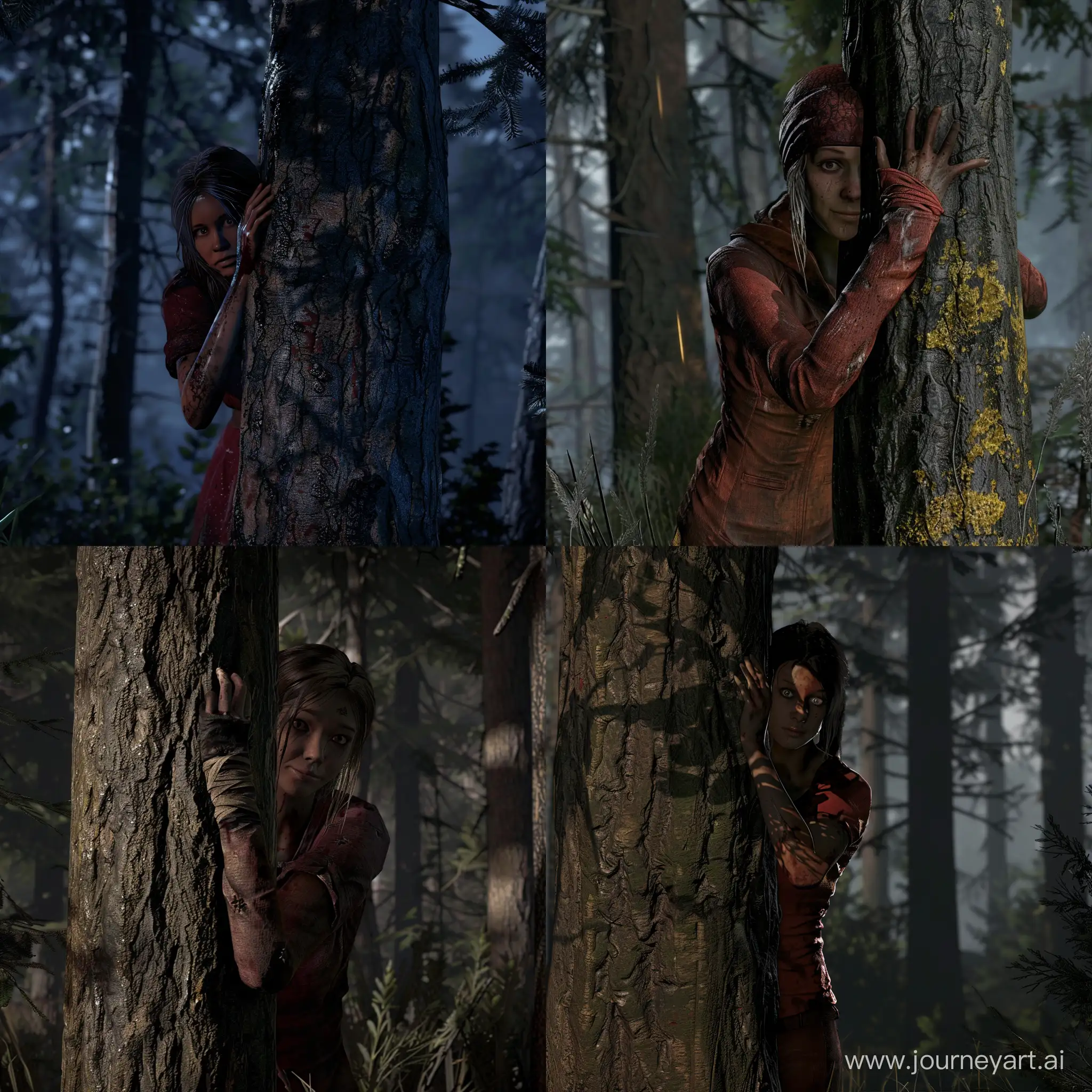 Meg-Thomas-Stealthily-Conceals-Behind-Forest-Tree-Dead-by-Daylight-Fan-Art