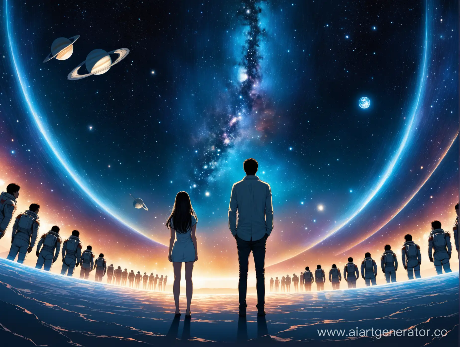 Man-Standing-Surrounded-by-Images-of-a-Beautiful-Girl-in-Night-Space