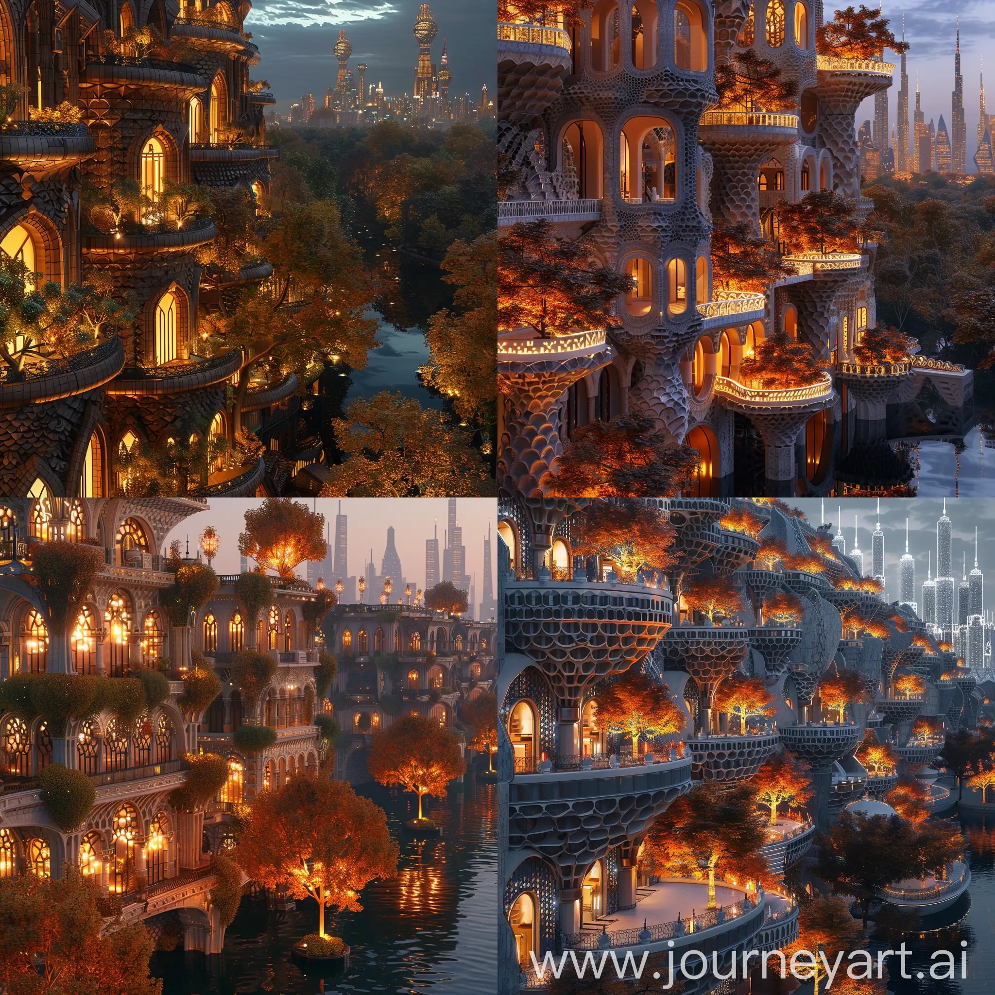 Ornate-Autumnal-Metropolis-Terraced-Supertall-Buildings-and-Illuminated-Trees