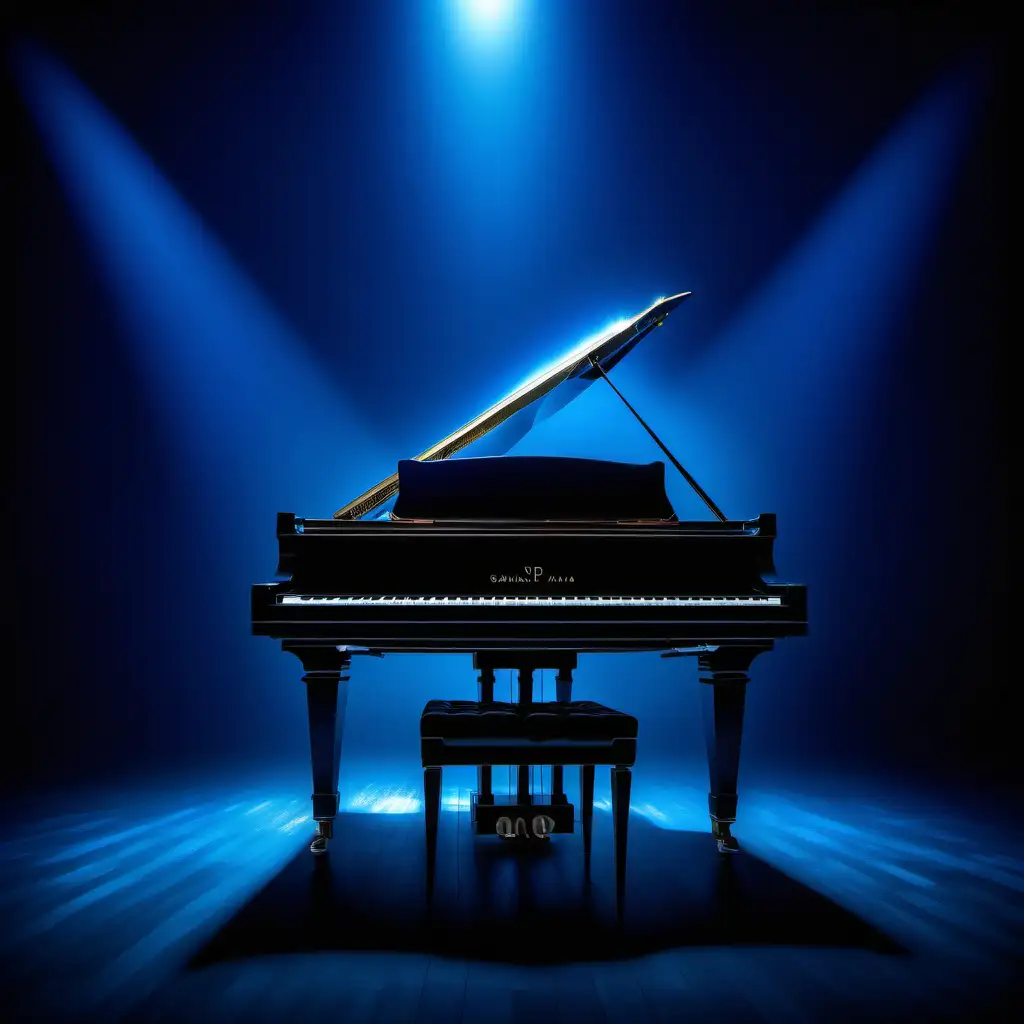 grand piano, rhythm in blue, surrealistic, deep blue lighting, 