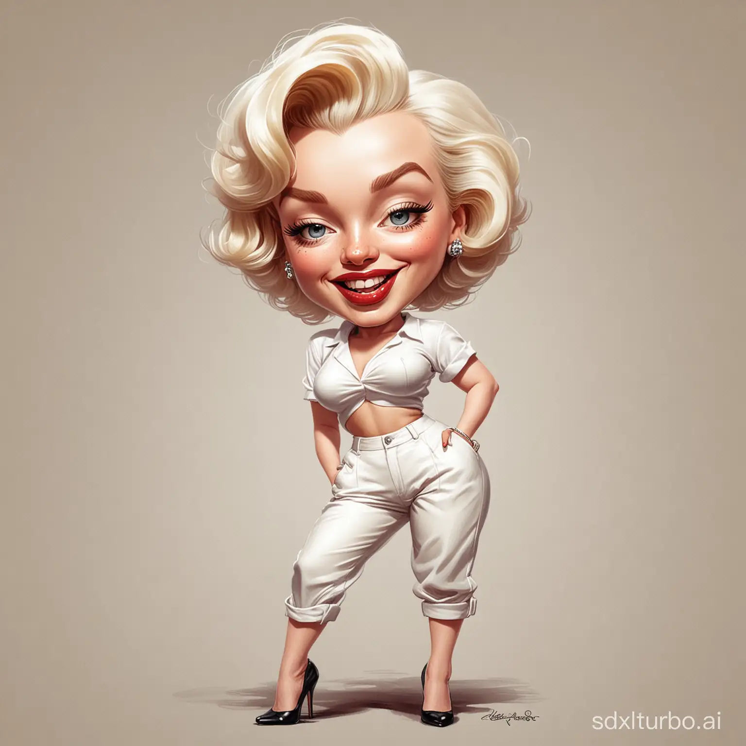 Caricature of a Marilyn Monroe wearing  kitty pants and white top