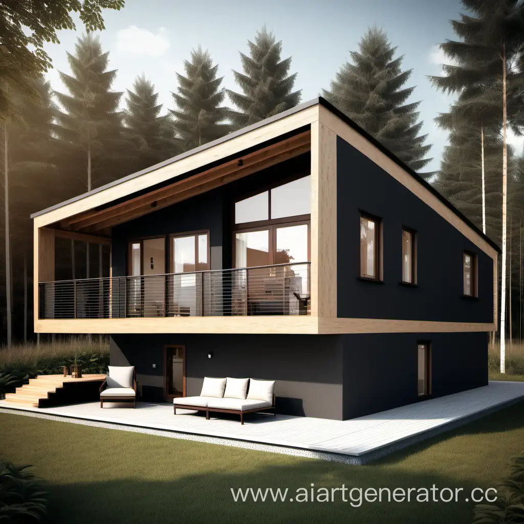 one-storey house made of timber, graphite and brown colour. Modular wooden house on stilts. Modern and elegant style, with an outdoor living area.