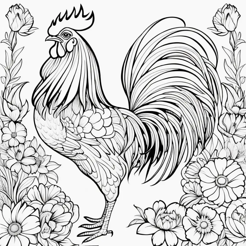 Coloring Page Rooster Surrounded by Vibrant Flowers