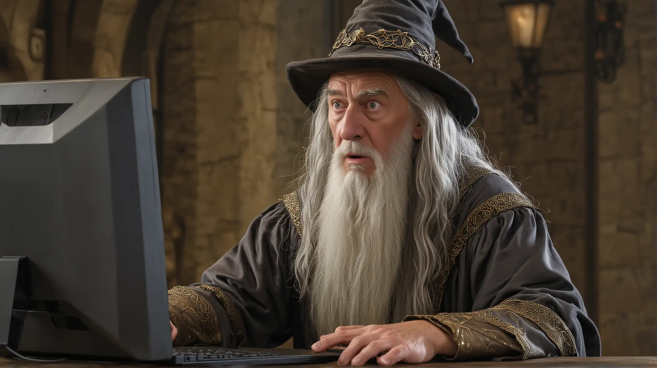 The wizard sat looking confused at a computer