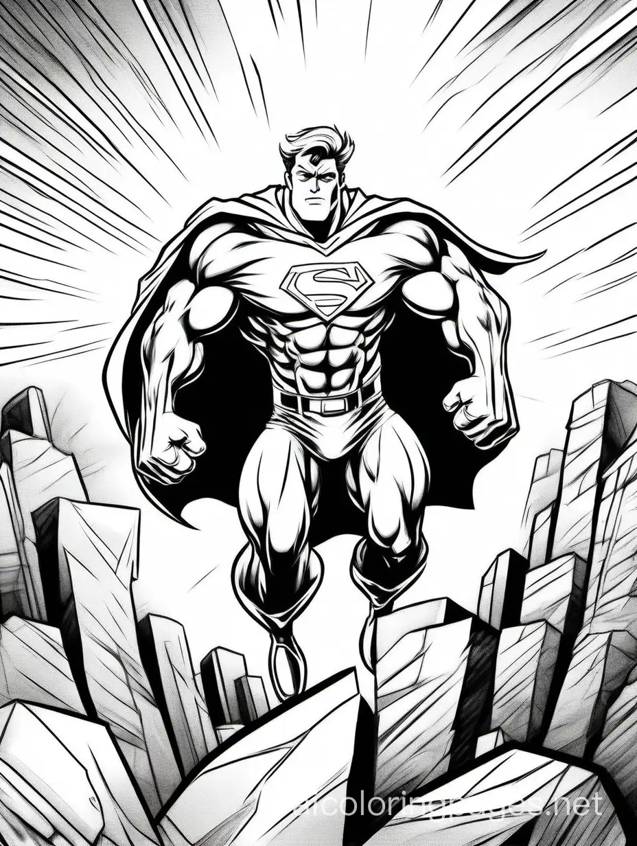 Draw a superhero using super-strength to lift a massive boulder.", Coloring Page, black and white, line art, white background, Simplicity, Ample White Space. The background of the coloring page is plain white to make it easy for young children to color within the lines. The outlines of all the subjects are easy to distinguish, making it simple for kids to color without too much difficulty