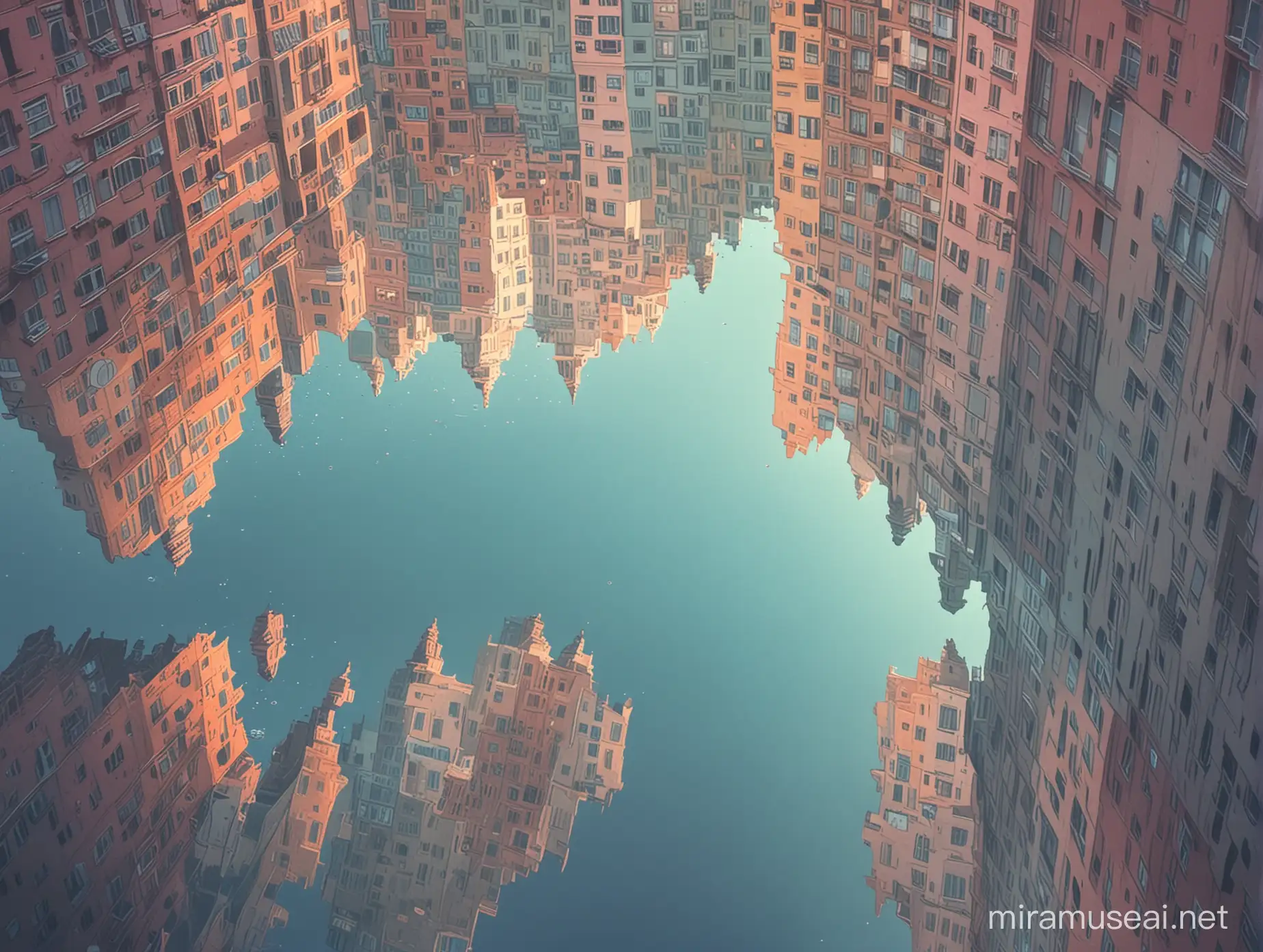 The reflects under water of a city, with an atmosphere in pastel colors and orizontal view