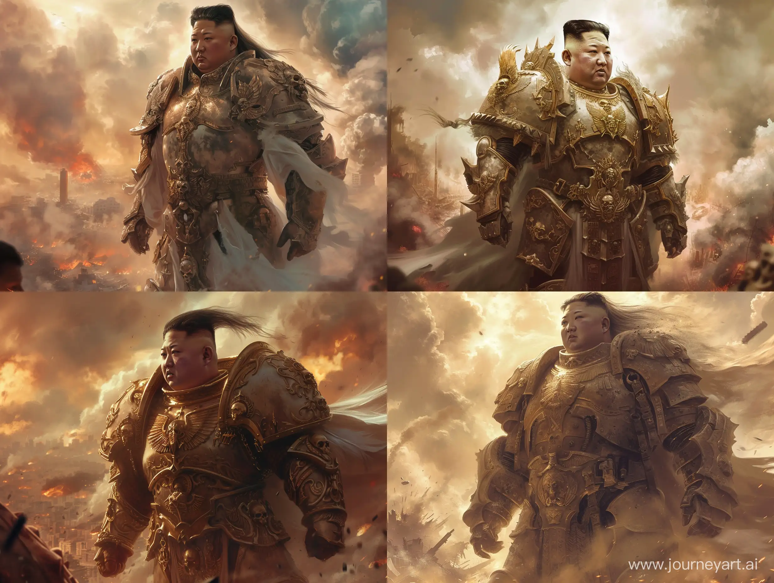 An epic scene of Kim Jong Un, the immortal warrior and god emperor of Warhammer 40k, standing tall and powerful amidst the devastation of an epic nuclear war. His massive frame is adorned with intricately designed armor that glistens in the light, reflecting his divine status. His face, captured in a soft, diffused light, exudes an aura of determination and strength. His long, flowing hair, meticulously styled, billows gently behind him, adding to the sense of movement and drama in the image. The background is a chaotic tapestry of destruction: cities reduced to rubble, clouds of dust and debris obscuring the sky, and the eerie glow of nuclear fire painting the horizon.