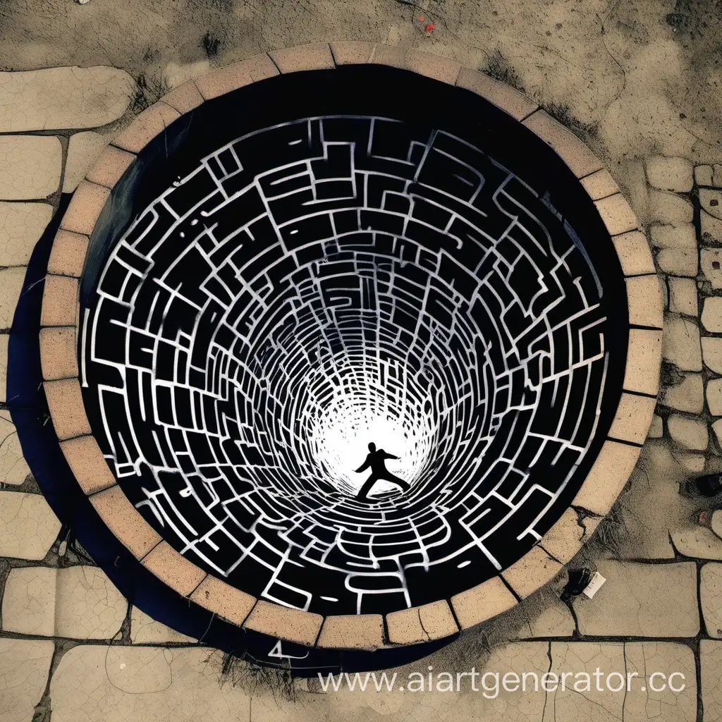 Man-Descending-into-Well-with-StencilStyle-Artwork