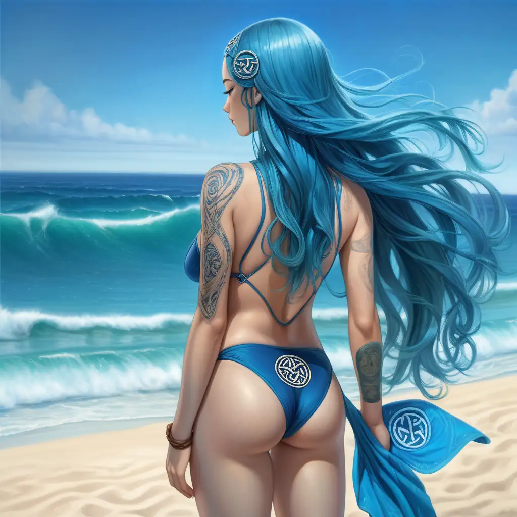beautiful woman wearing a blue bathing suit facing the ocean with her head turned back and her long blue hair blowing in the breeze, beautiful bright blue sky and waves in the ocean, her back is smooth and she has a nice round ass, there is a picsces symbol tattooed on the back of her thigh, there is a celtic rune circle in the sky