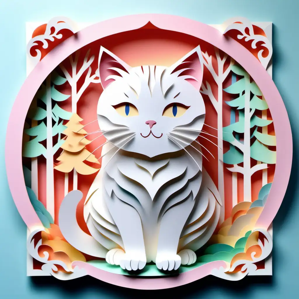 Multi-Dimensional Paper-cut craft, a cute cat, light pastel colorful color theme, paper - cut, rich layers, light white color, high detail, 8k, high quality, hyperrealistic