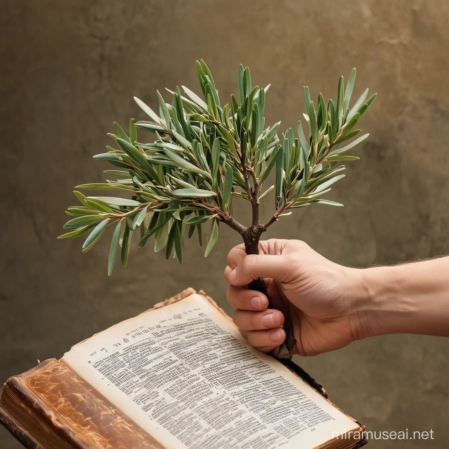 olive tree branch in a hand near a bible