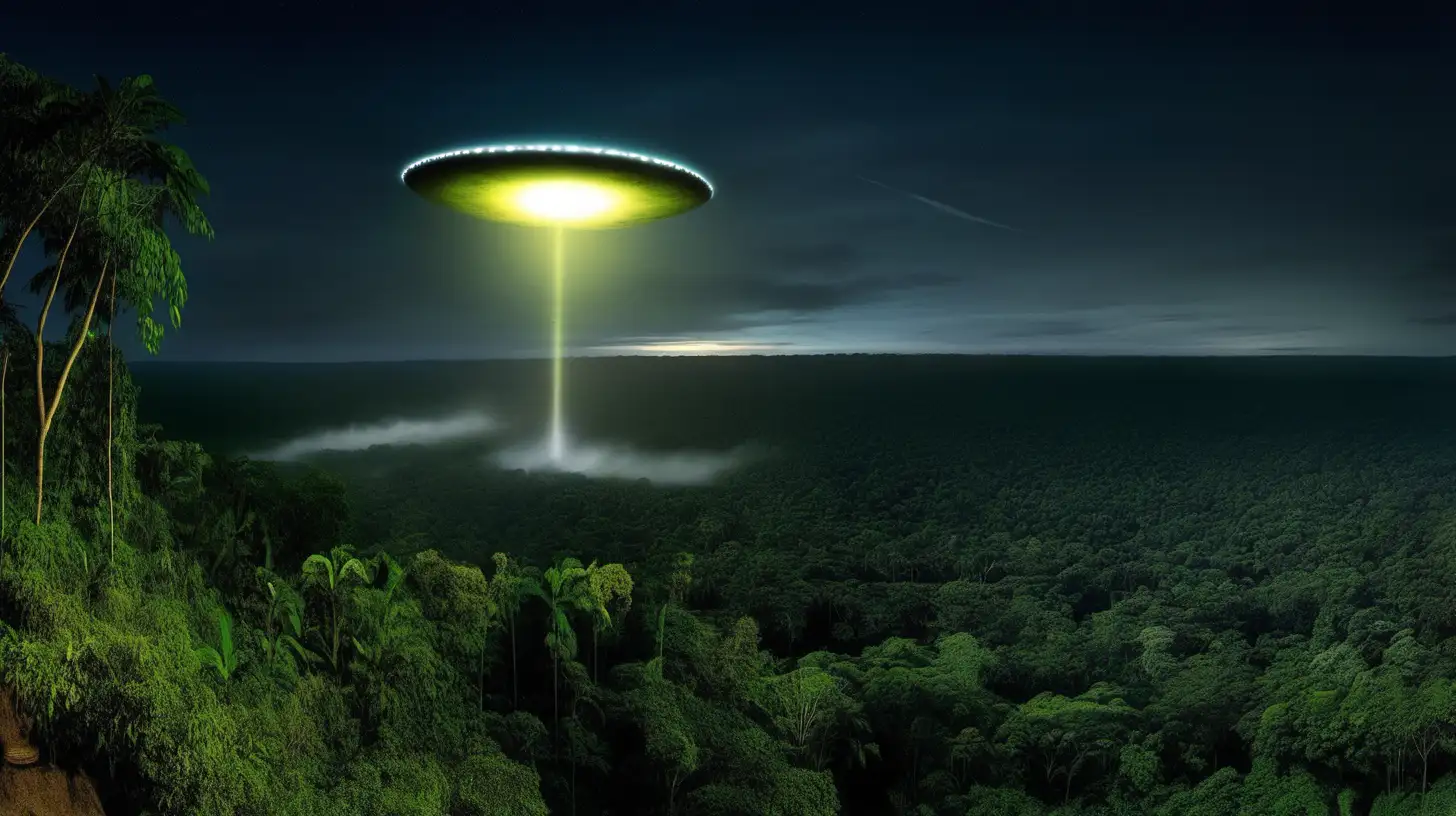 Panoramic image of a night in the amazon rainforest. An UFO coming down from the right side of the image  and a man overlooking from a hill
