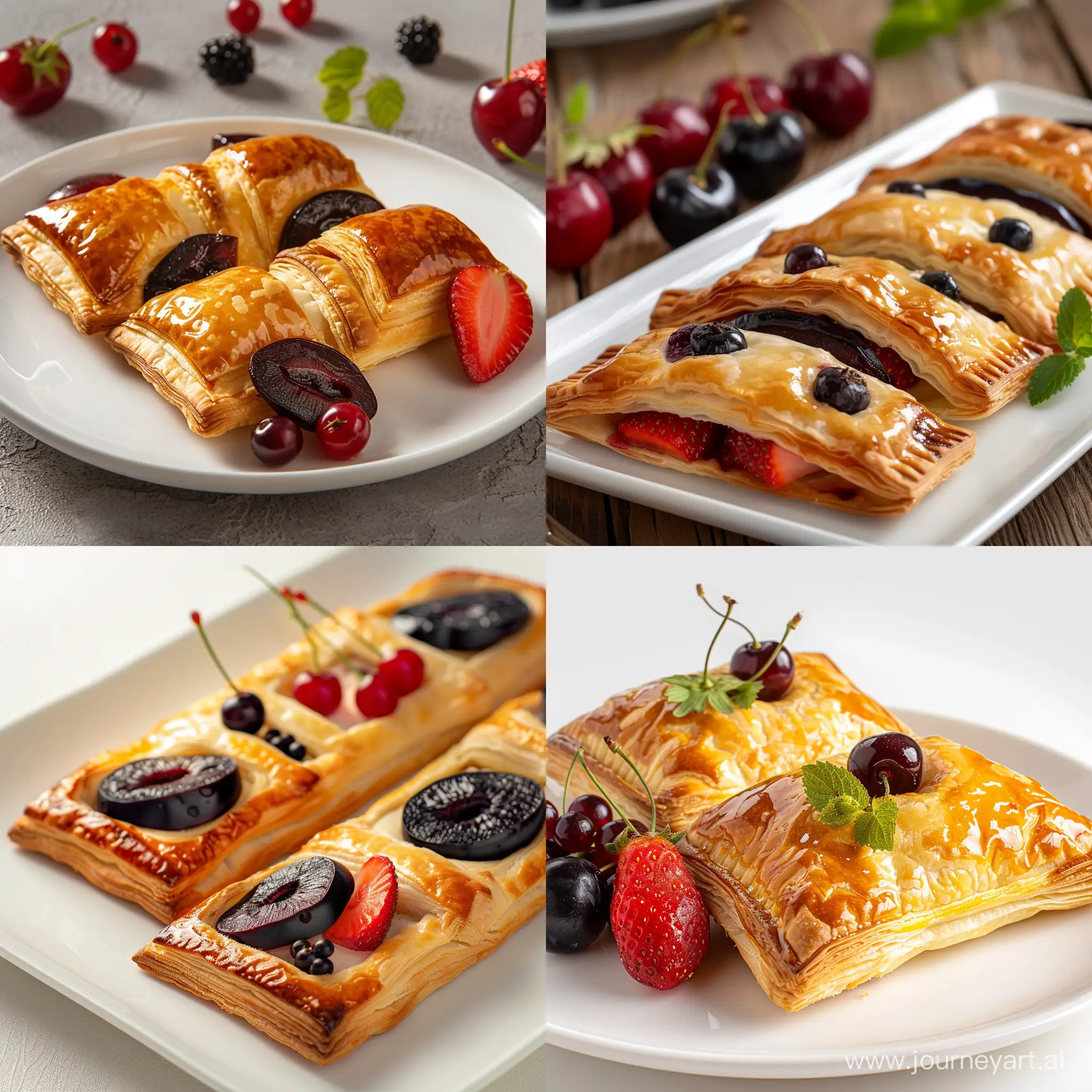 Assorted-Fruit-Tarts-on-White-Plate-Crispy-Golden-Puff-Pastry-Pastries-with-Plum-Cherry-Strawberry-and-Black-Currant