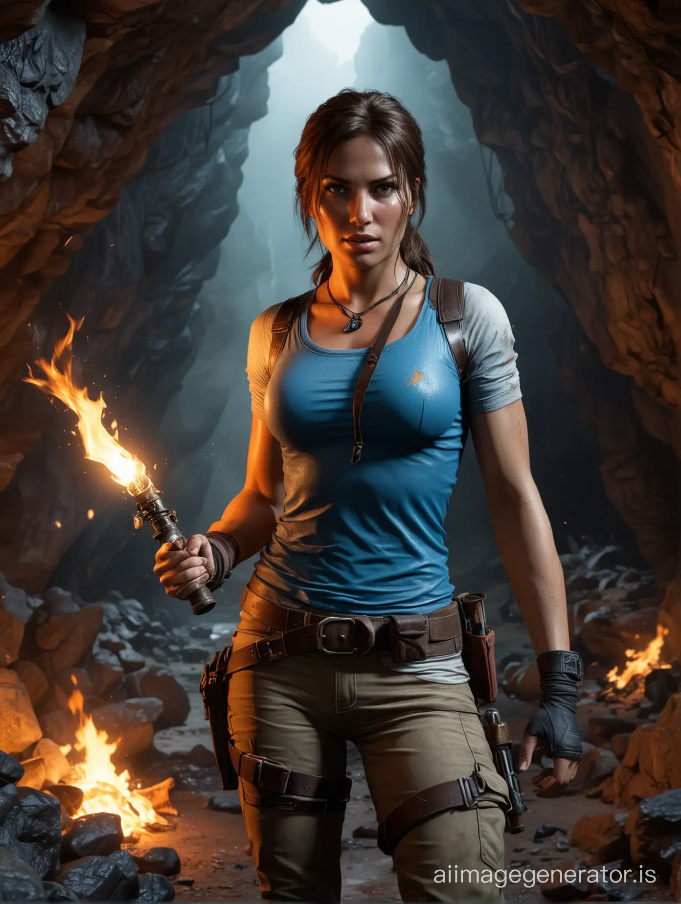 Lara Croft in a cave with fire, holding a flaming torch. Blue top lara croft classic outfit