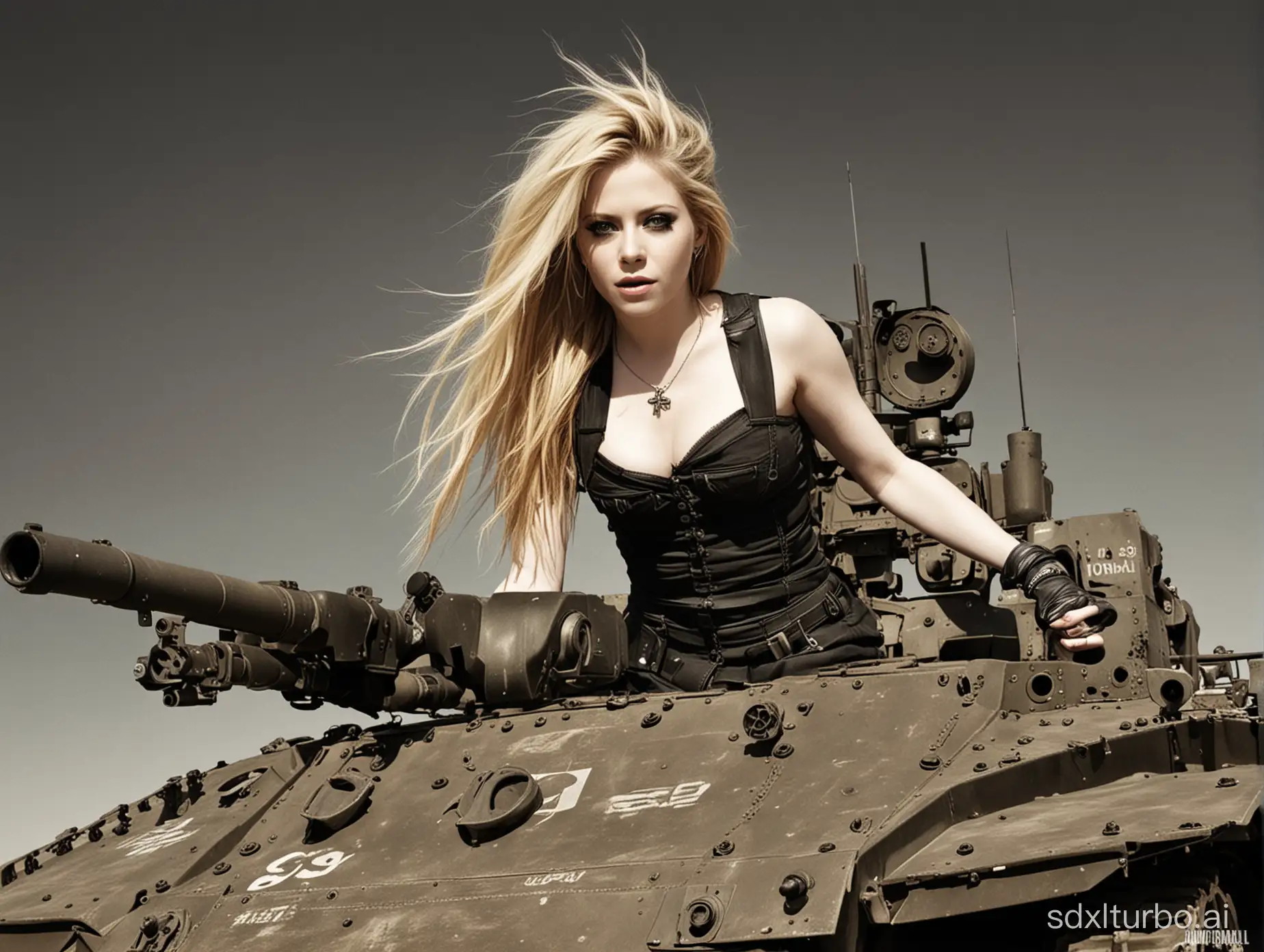 Avril lavigne modeling in a war tank