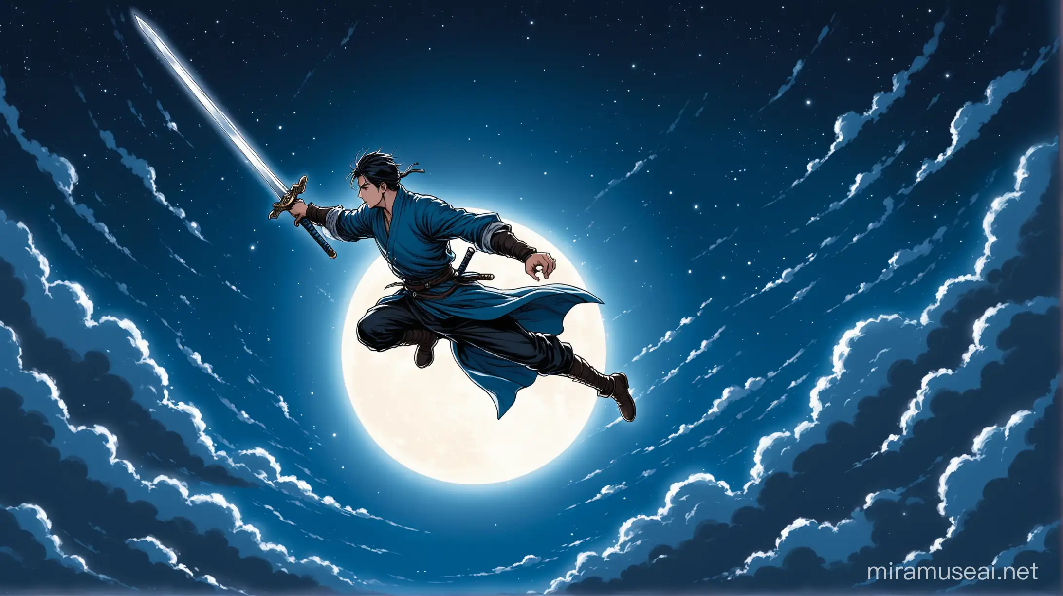 The blue-clothed swordsman jumped and rolled into the air to attack the black-clothed man, the moonlight dimming above.anime