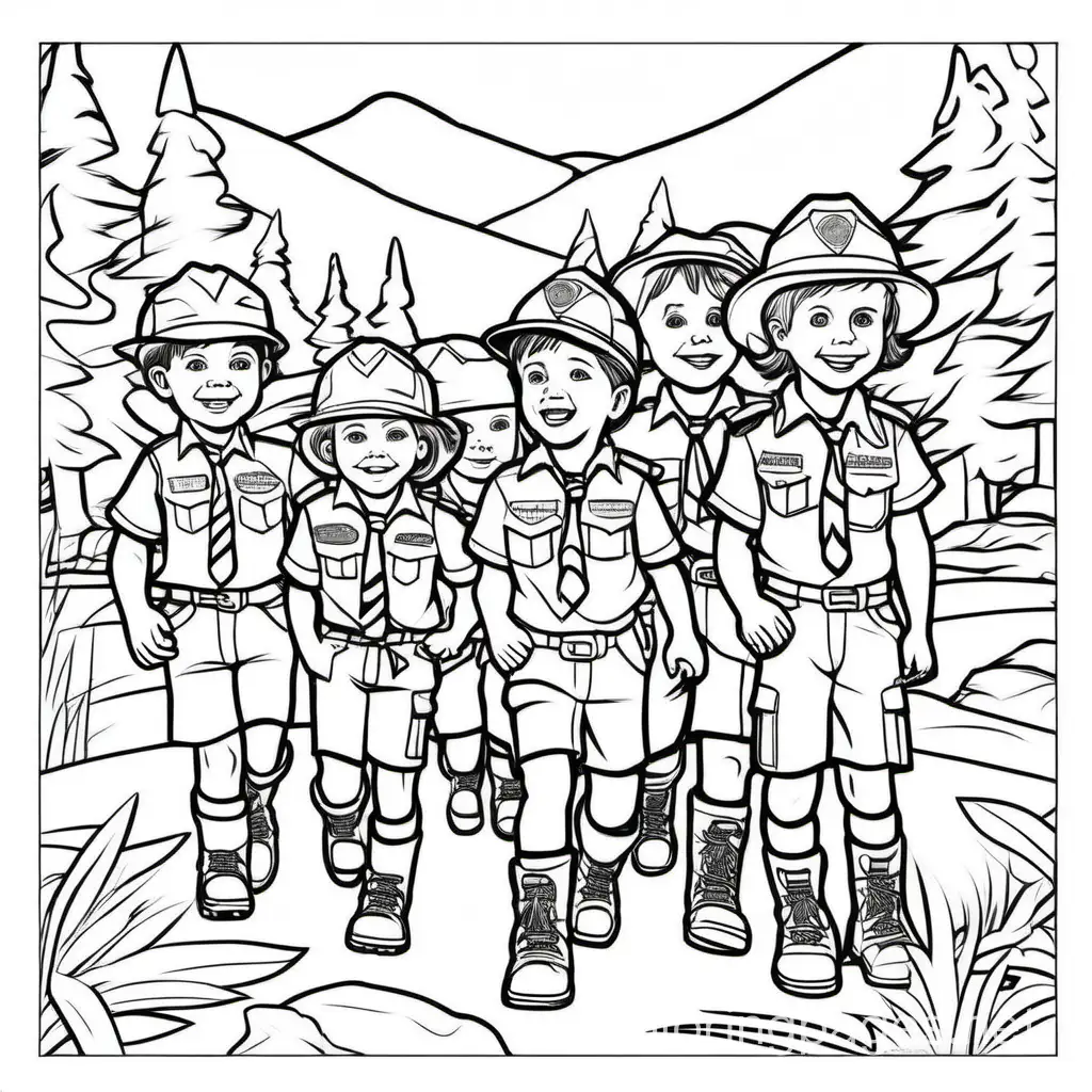 cub scout adventure challenge faces boy girl team, Coloring Page, black and white, line art, white background, Simplicity, Ample White Space. The background of the coloring page is plain white to make it easy for young children to color within the lines. The outlines of all the subjects are easy to distinguish, making it simple for kids to color without too much difficulty