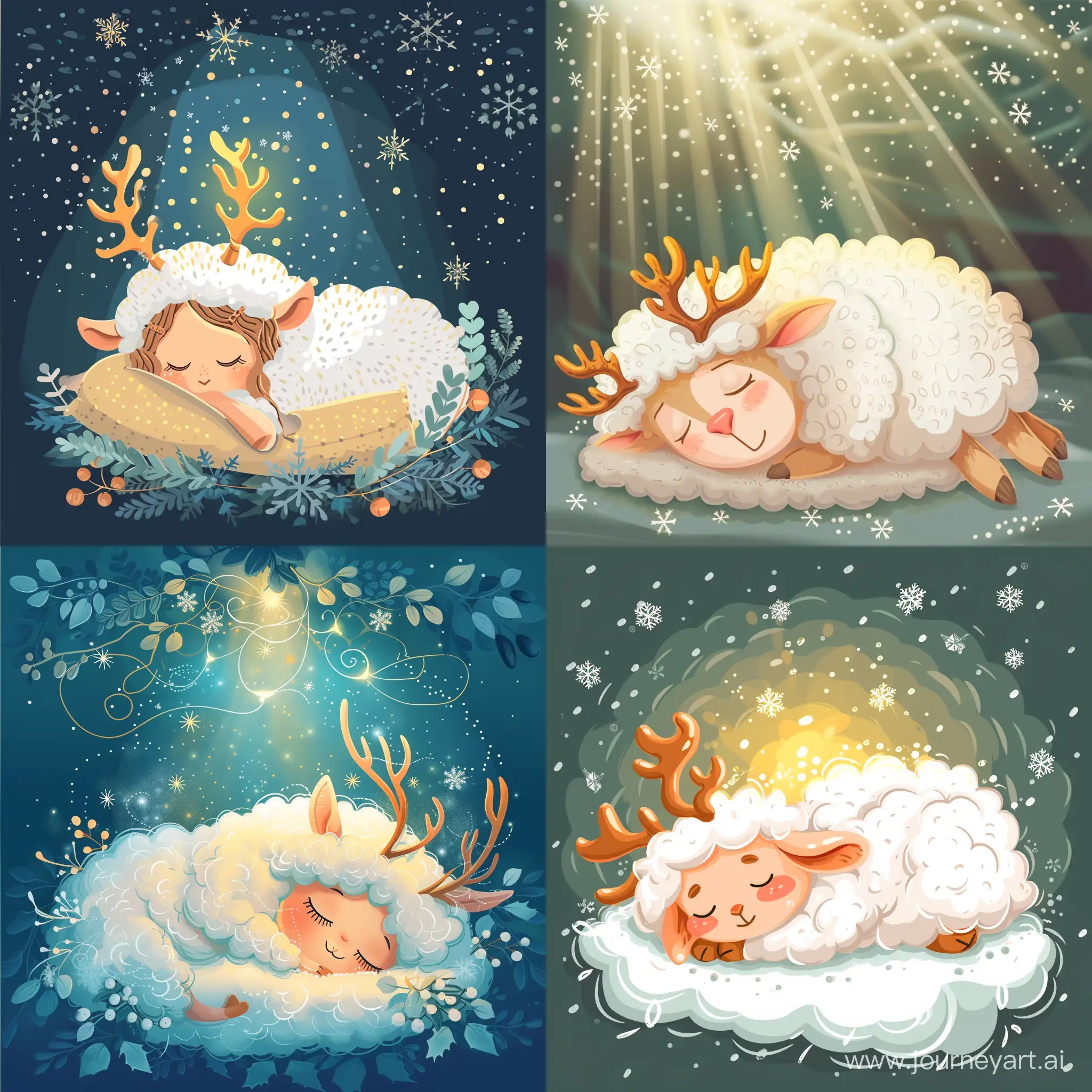a sleeping sheep princess, little antlers, cozy athmosphere, mysterious light, snowflakes, in cartoon flat style