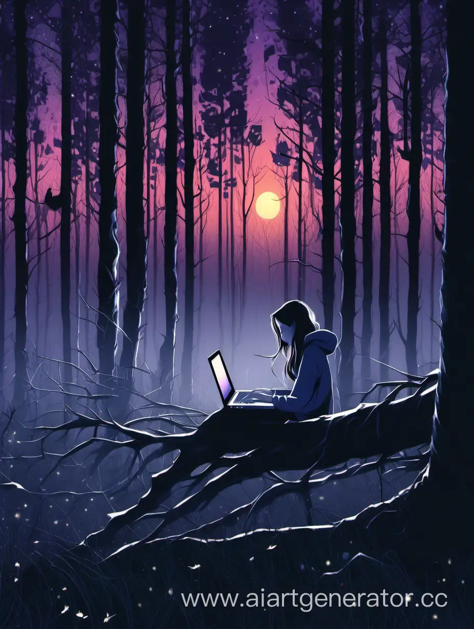 девушка с ноутбуком в сумеречном лесу