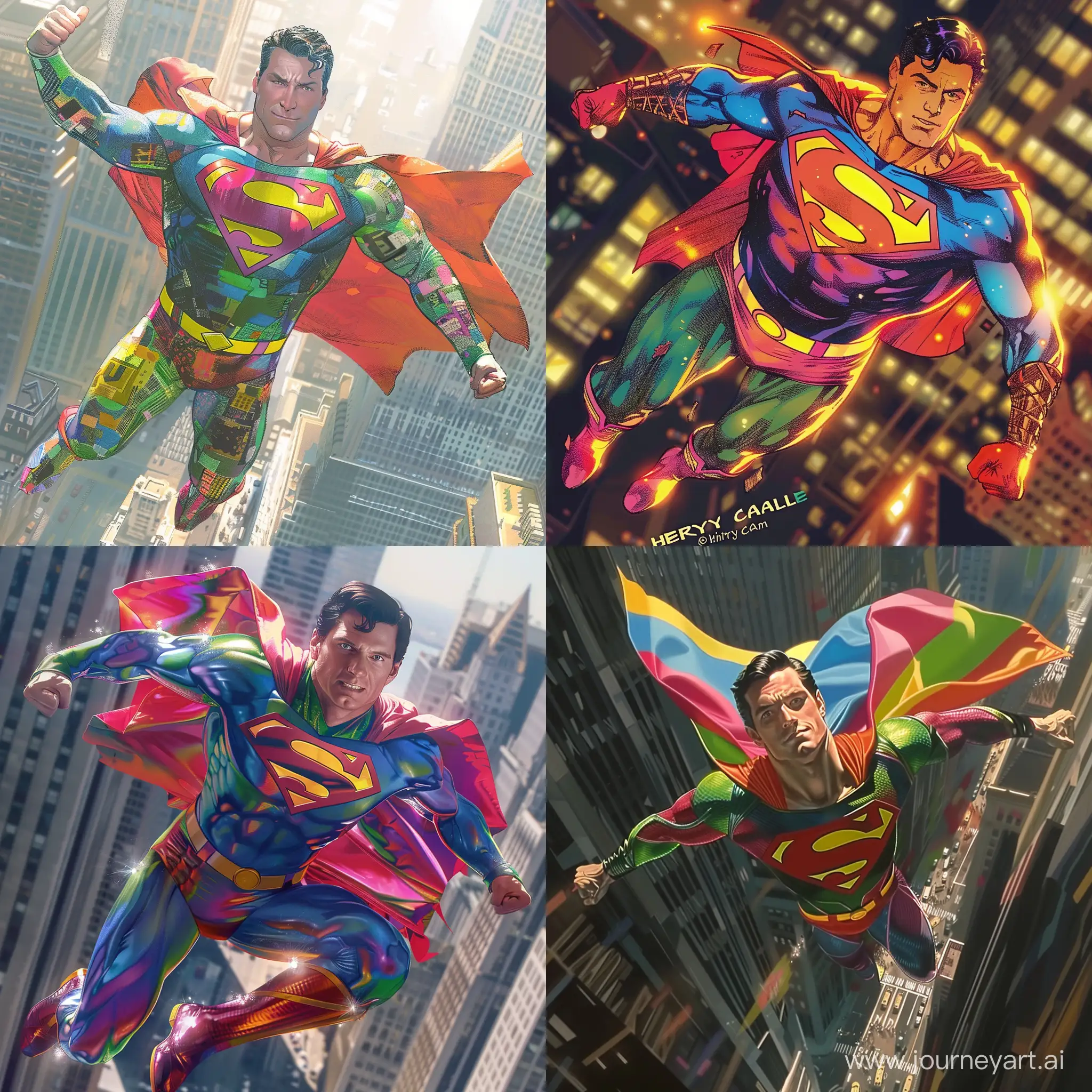 henry cavill superman with vibrant colored suit, flying in the city