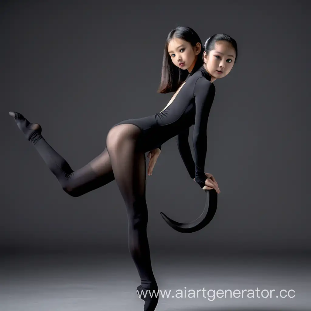 Asian women in black long sleeve spandex leotard and black opaque spandex tights doing contortion