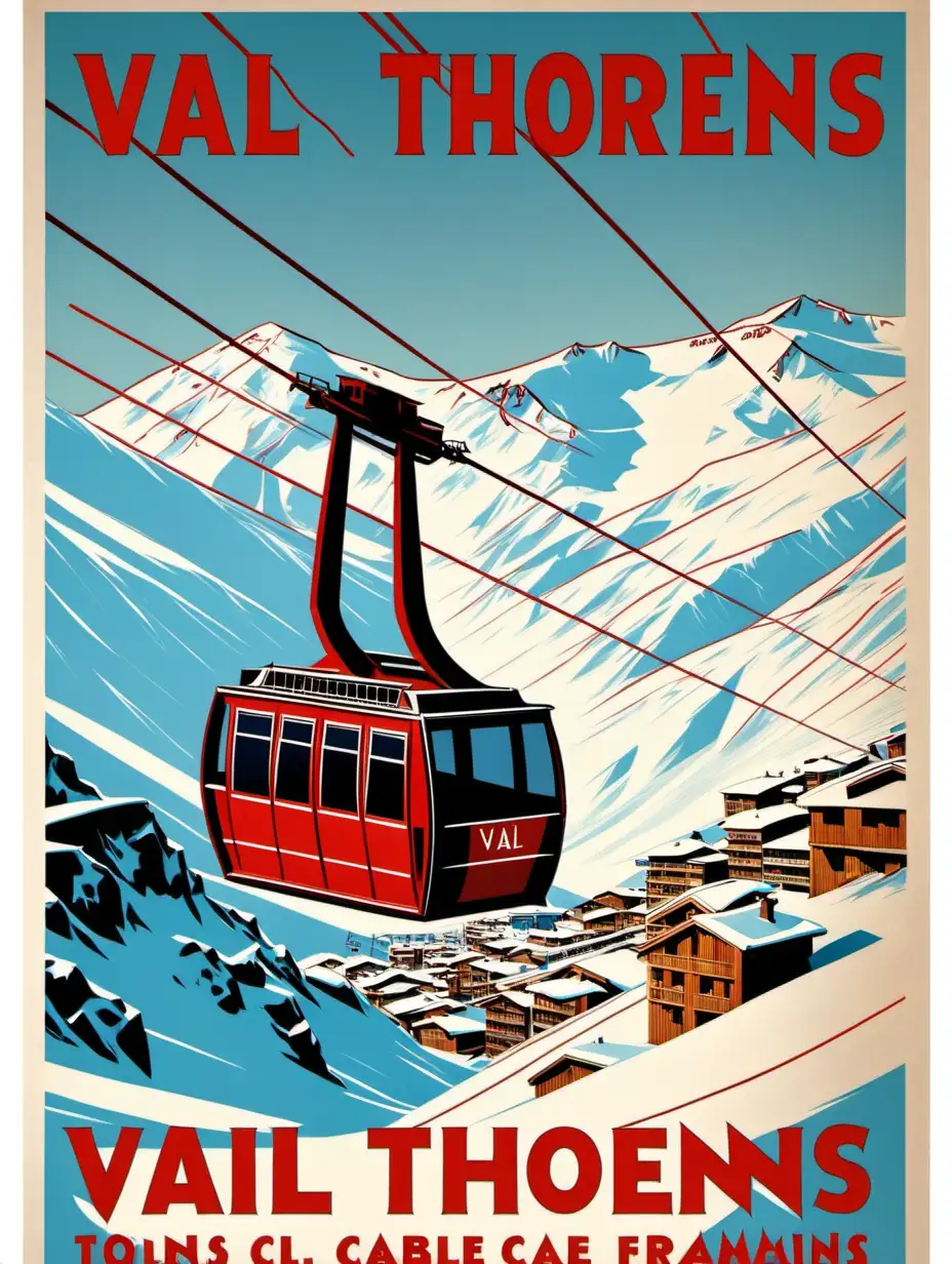 Frameless Retro Poster Val Thorens Red Cable Car