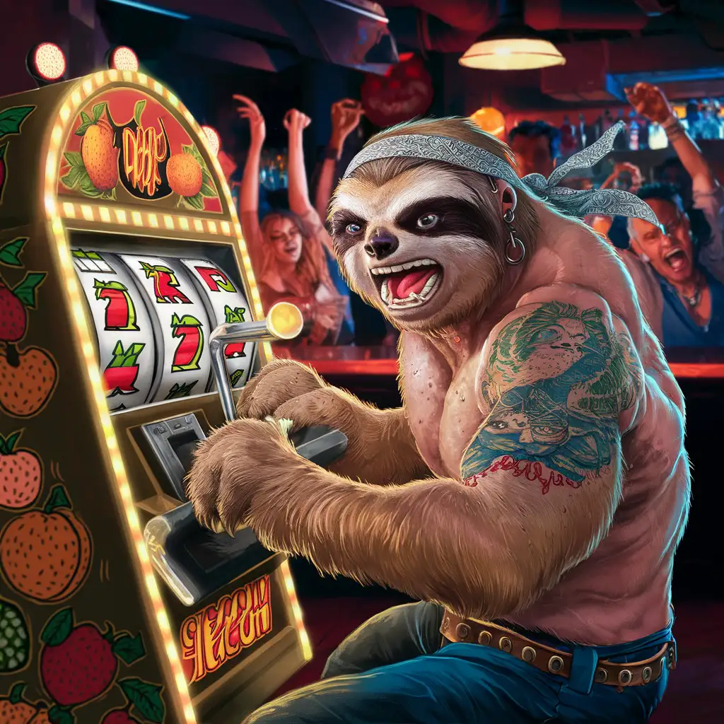 tatoo muscular very angry sloth is playing slot machine