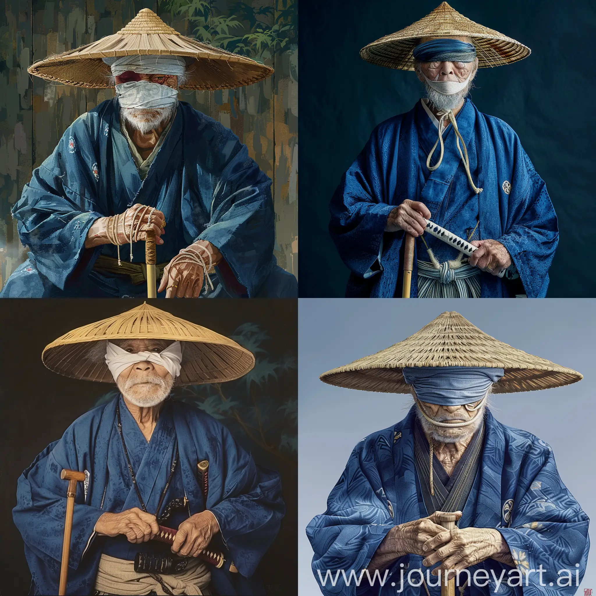 Старый самурай с повязкой на глазах, тростью в руках, соломенной шляпе и кимоно цвета индиго