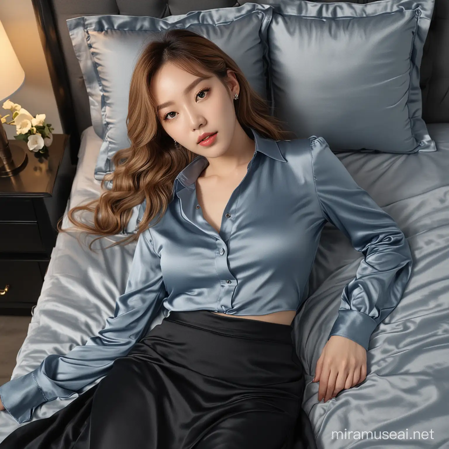 Seductive Woman Lying on Satin Bed in Blue Grey Satin Blouse and Black Midi Skirt