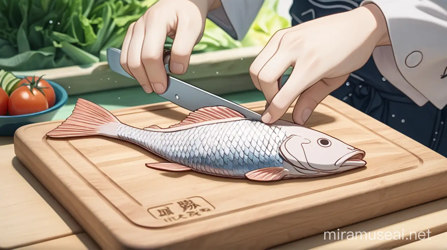 Anime Style Hand Cutting Fish on Cutting Board in Peaceful Daylight